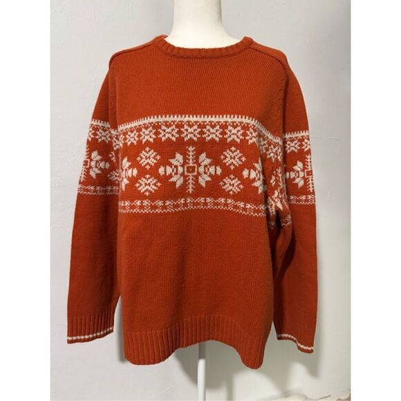 Eddie Bauer Men’s Lambswool orange snow flake print holiday sweater L